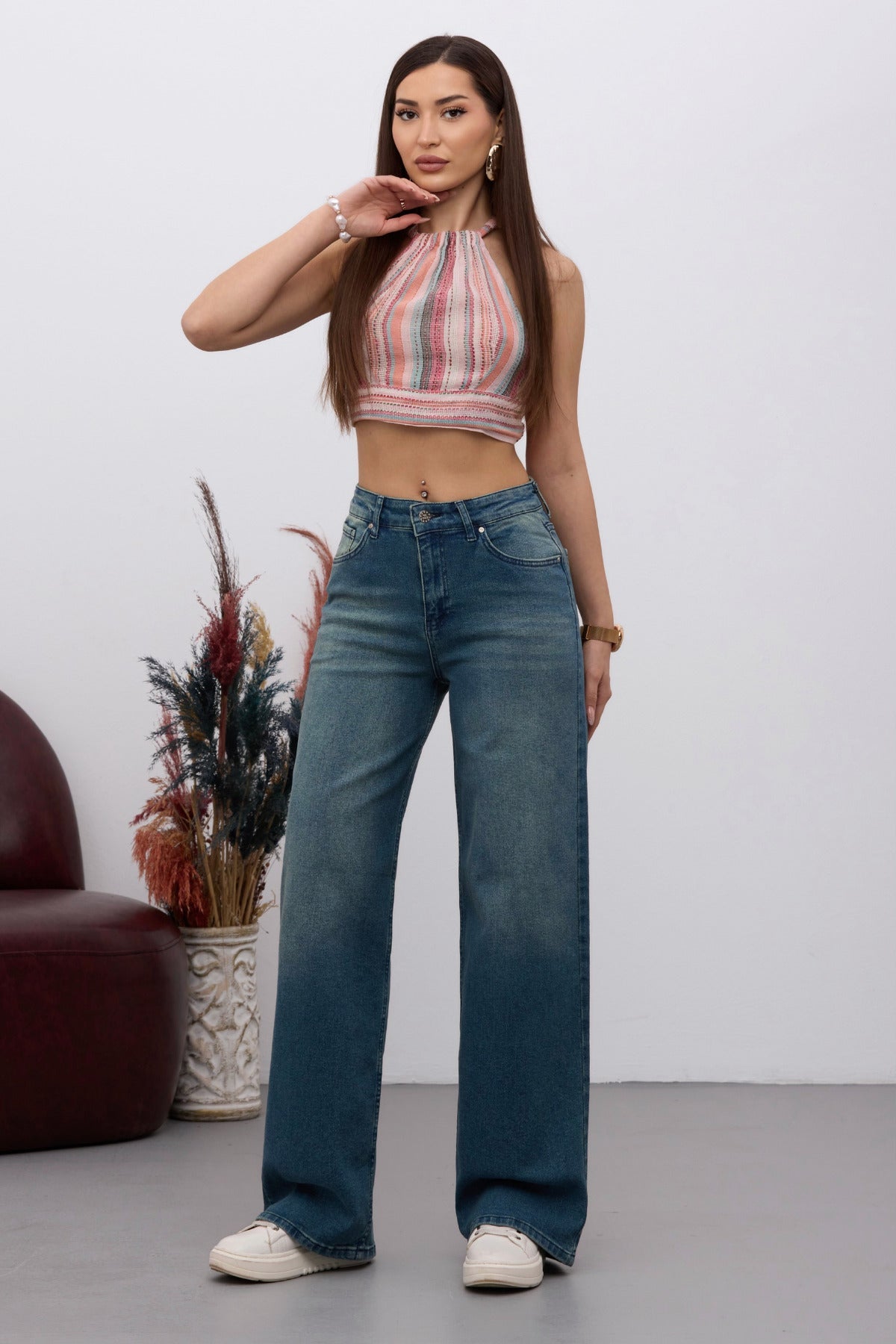 Kadın Yüksek Bel Esnek Soluk Efektli Vintage Geniş Paça Wide Leg Rahat Jean koyu Mavi - MALLTURK