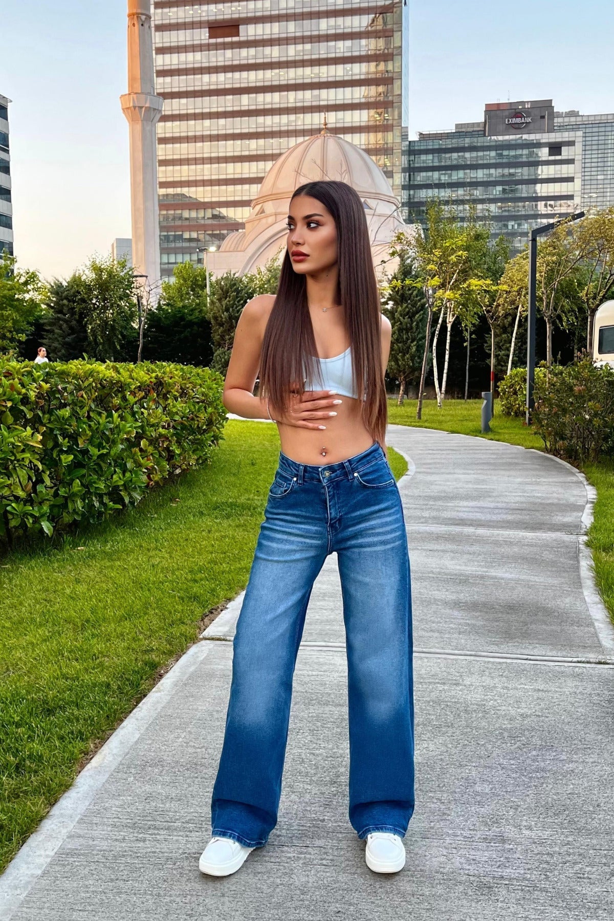 Kadın Yüksek Bel Esnek Soluk Efektli Vintage Geniş Paça Wide Leg Rahat Jean mavi - MALLTURK