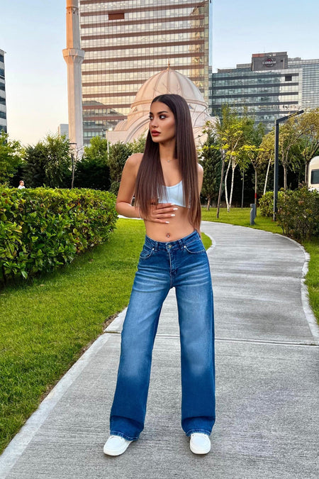 Kadın Yüksek Bel Esnek Soluk Efektli Vintage Geniş Paça Wide Leg Rahat Jean mavi - MALLTURK