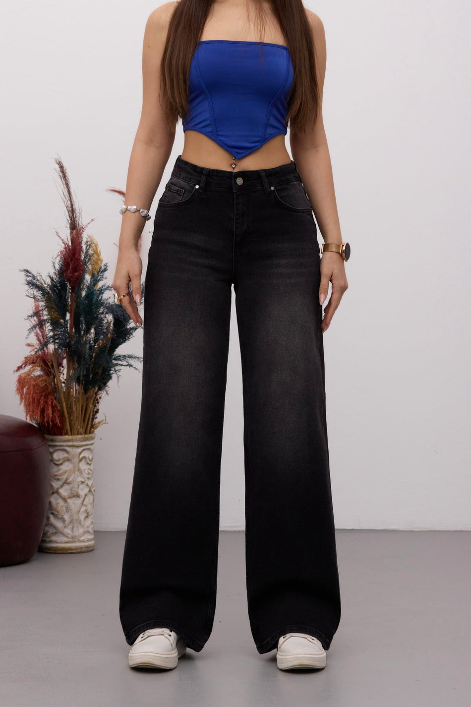 Kadın Yüksek Bel Esnek Soluk Efektli Vintage Geniş Paça Wide Leg Rahat Jean Siyah - MALLTURK