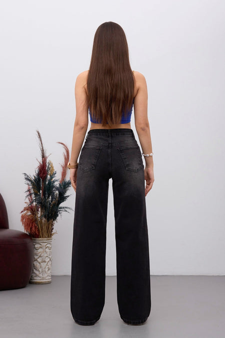 Kadın Yüksek Bel Esnek Soluk Efektli Vintage Geniş Paça Wide Leg Rahat Jean Siyah - MALLTURK