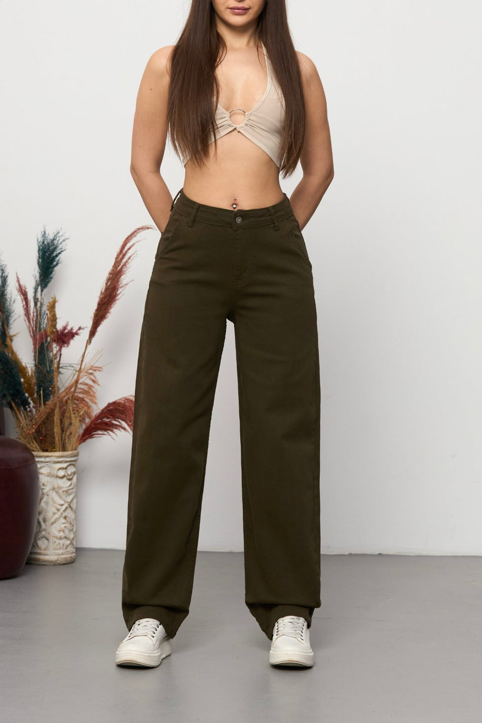 Kadın Yüksek Bel Esnek/likrali Bol Kesim Baggy Pantolon Haki - MALLTURK