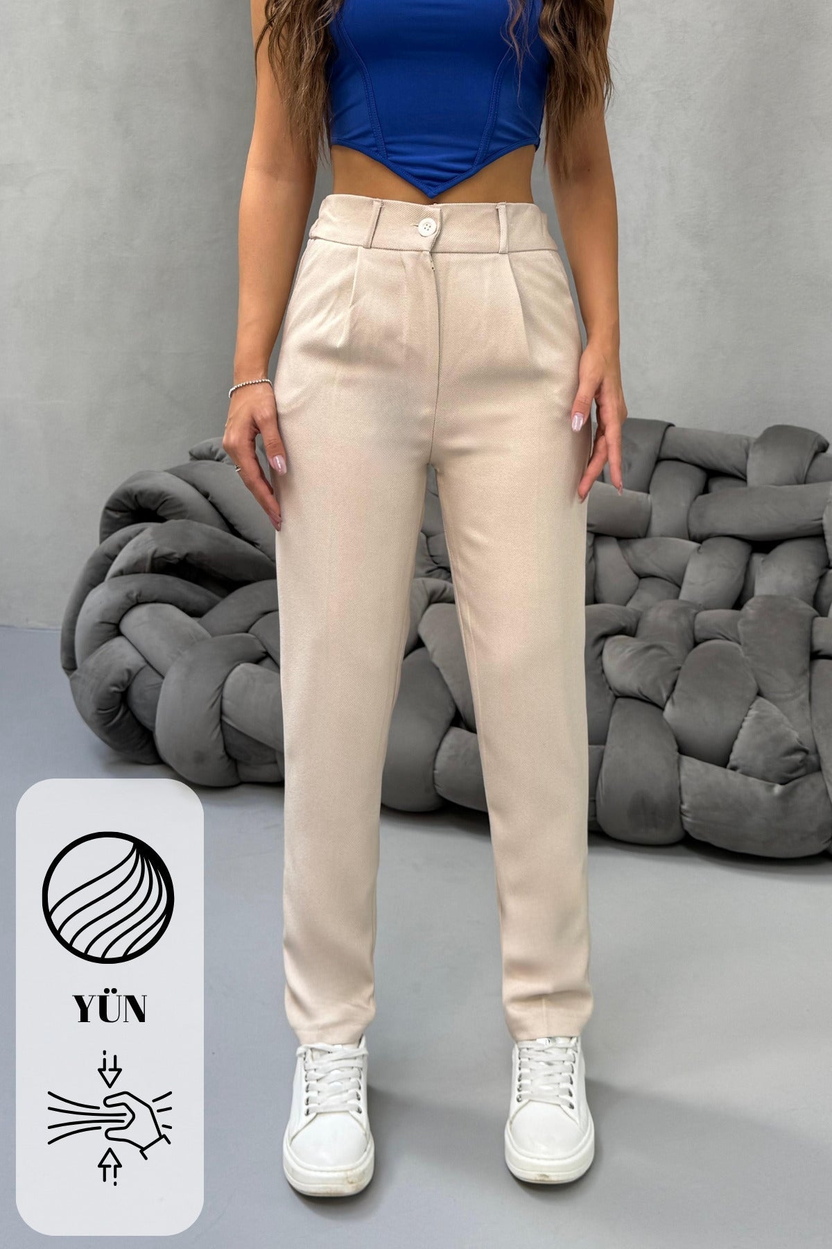 Kadın Yüksek Bel Havuç Model Beli Lastikli Dar Paça Pantolon BEJ - MALLTURK