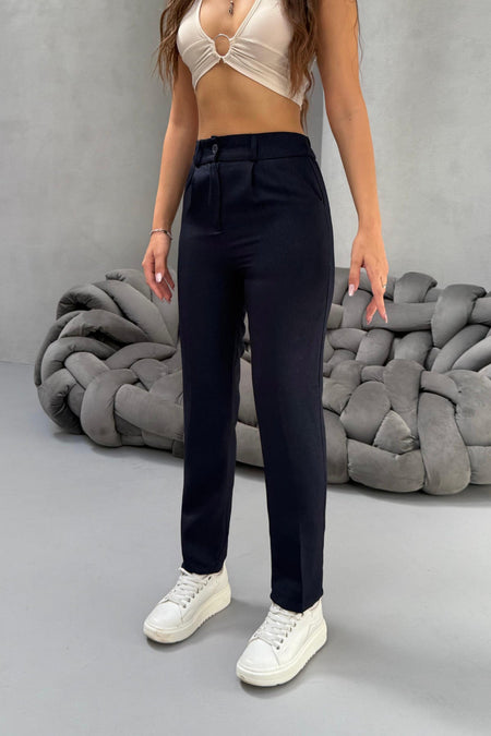 Kadın Yüksek Bel Havuç Model Beli Lastikli Dar Paça Pantolon LACİVERT - MALLTURK