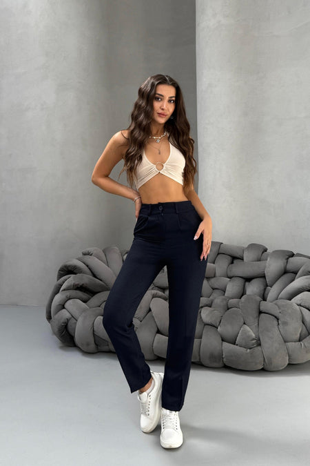 Kadın Yüksek Bel Havuç Model Beli Lastikli Dar Paça Pantolon LACİVERT - MALLTURK