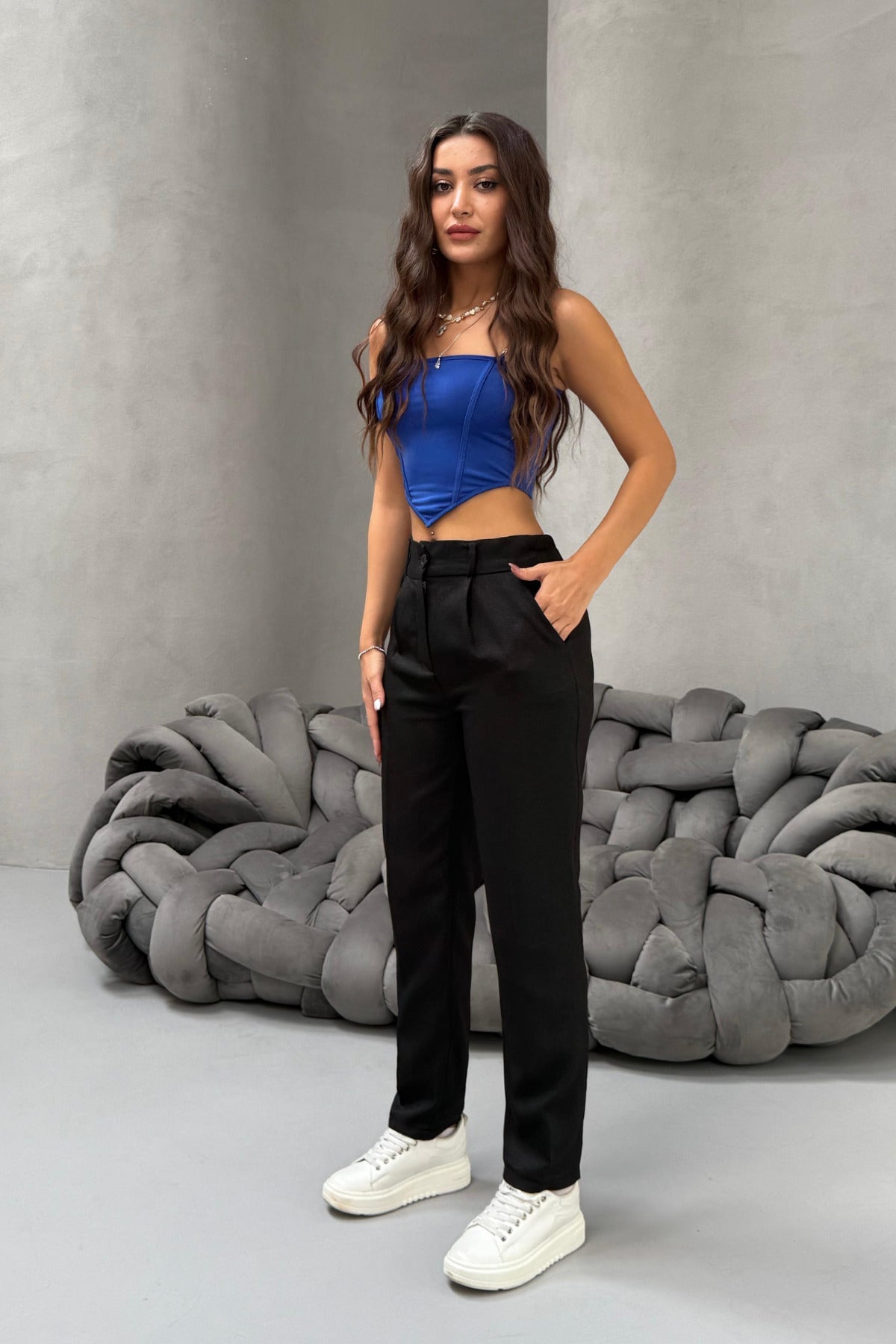 Kadın Yüksek Bel Havuç Model Beli Lastikli Dar Paça Pantolon SİYAH - MALLTURK
