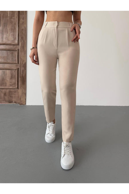 Kadın Yüksek Bel Lastikli Havuç Kesim Pensli Kumaş Pantolon Bej - MALLTURK
