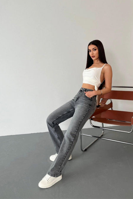 Kadın Yüksek Bel Likralı Efektli Straight Fit Jean Füme - MALLTURK