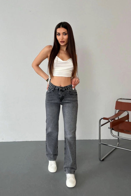 Kadın Yüksek Bel Likralı Efektli Straight Fit Jean Füme - MALLTURK