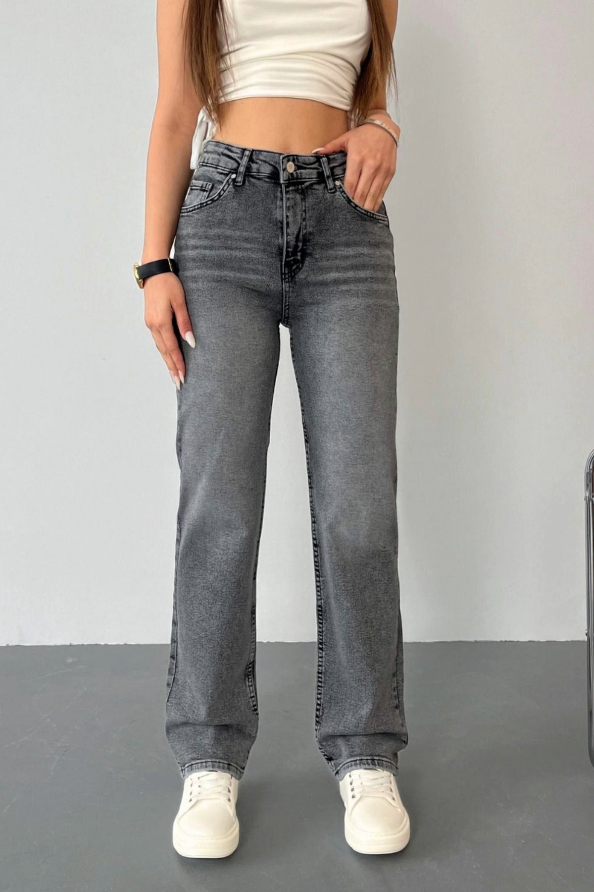 Kadın Yüksek Bel Likralı Efektli Straight Fit Jean Gri - MALLTURK