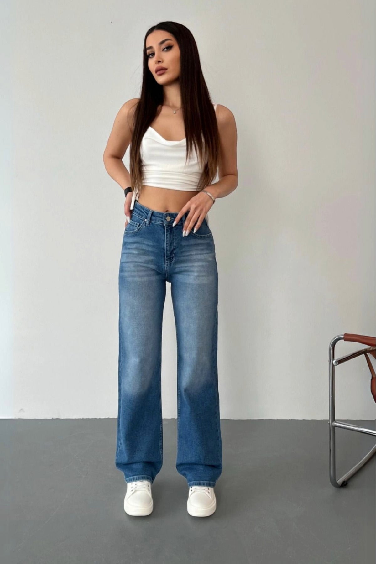 Kadın Yüksek Bel Likralı Efektli Straight Fit Jean Mavi - MALLTURK