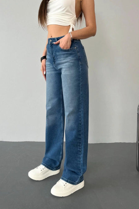 Kadın Yüksek Bel Likralı Efektli Straight Fit Jean Mavi - MALLTURK