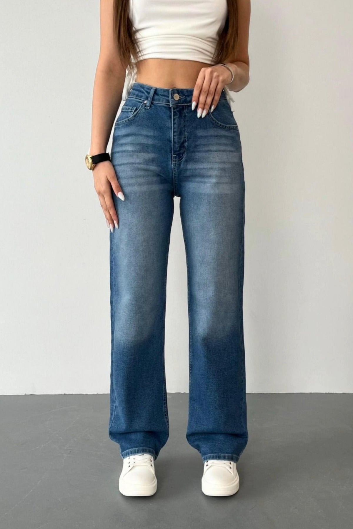 Kadın Yüksek Bel Likralı Efektli Straight Fit Jean Mavi - MALLTURK
