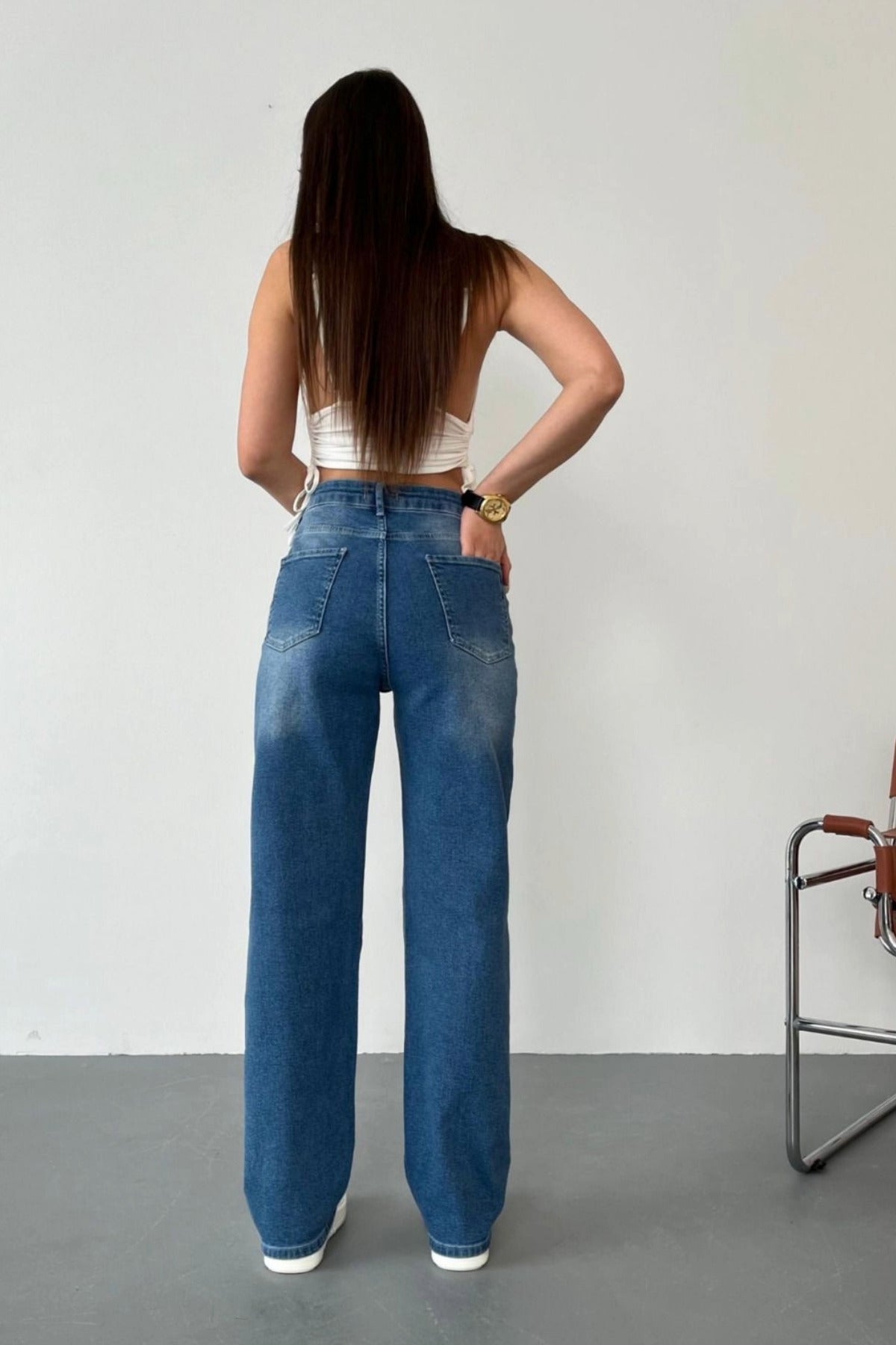 Kadın Yüksek Bel Likralı Efektli Straight Fit Jean Mavi - MALLTURK