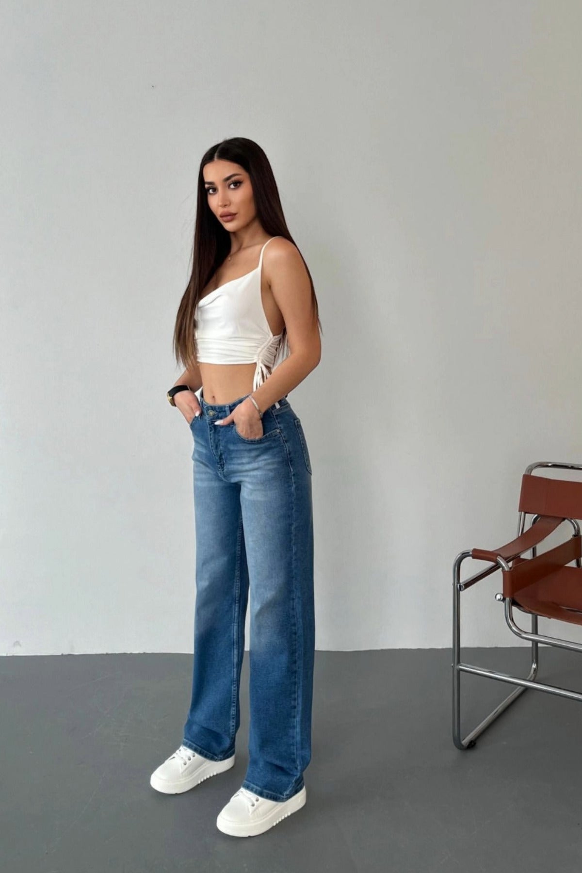 Kadın Yüksek Bel Likralı Efektli Straight Fit Jean Mavi - MALLTURK