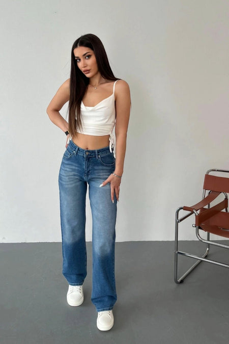 Kadın Yüksek Bel Likralı Efektli Straight Fit Jean Mavi - MALLTURK
