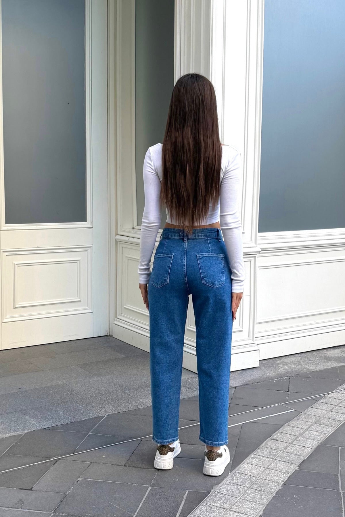 Kadın Yüksek Bel Likralı Pileli Esnek Mom Pantolon Mavi - MALLTURK