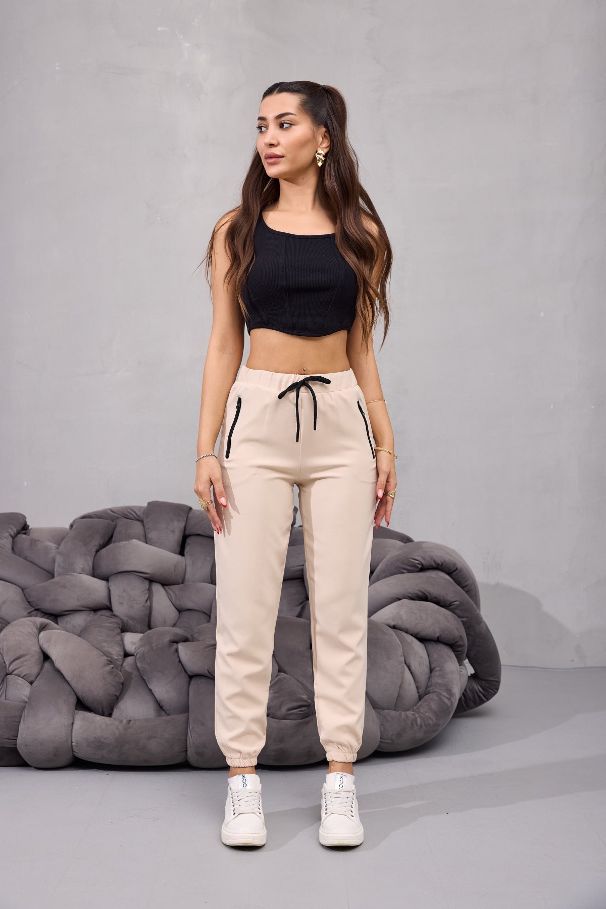 Kadın Yüksek Bel Likralı Rahat Kumaş Jogger Beli Lastikli Pantolon BEJ - MALLTURK