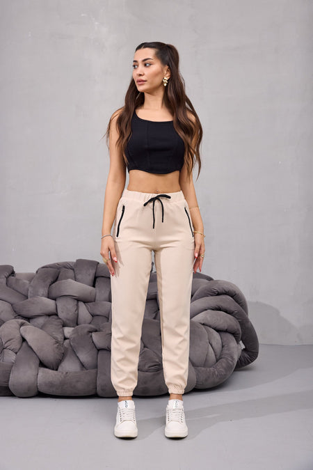 Kadın Yüksek Bel Likralı Rahat Kumaş Jogger Beli Lastikli Pantolon BEJ - MALLTURK