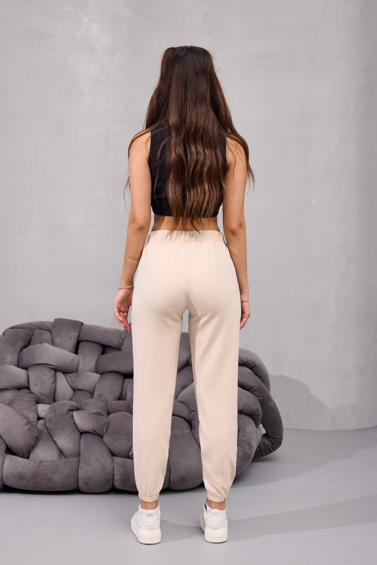 Kadın Yüksek Bel Likralı Rahat Kumaş Jogger Beli Lastikli Pantolon BEJ - MALLTURK