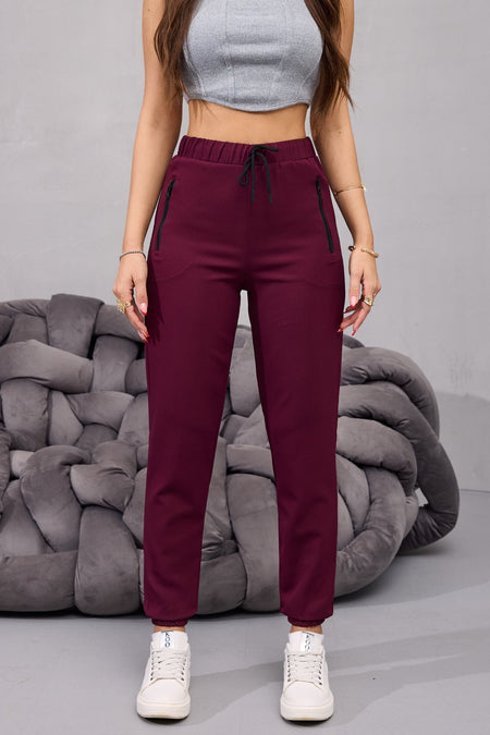 Kadın Yüksek Bel Likralı Rahat Kumaş Jogger Beli Lastikli Pantolon BORDO - MALLTURK