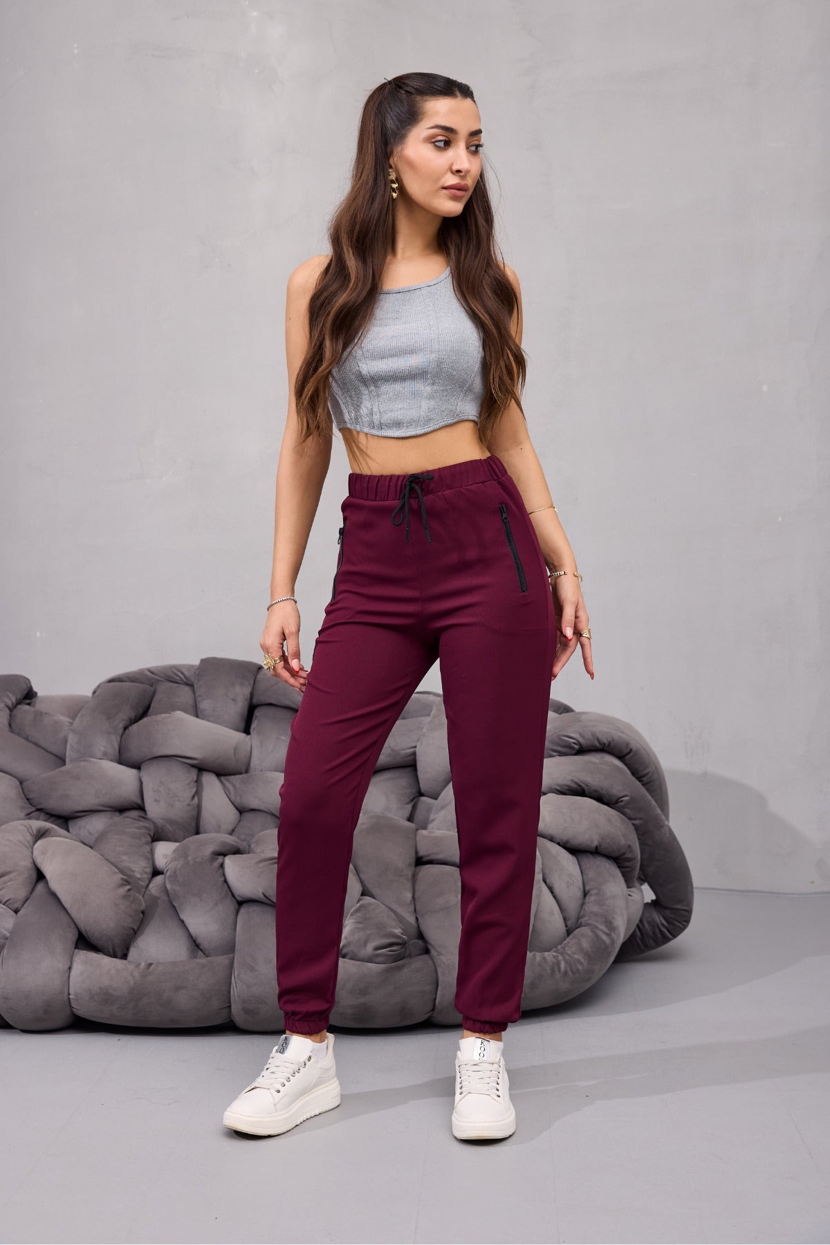 Kadın Yüksek Bel Likralı Rahat Kumaş Jogger Beli Lastikli Pantolon BORDO - MALLTURK