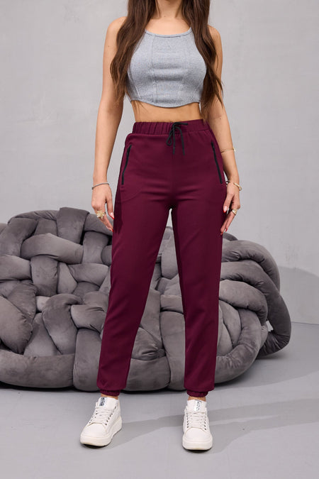 Kadın Yüksek Bel Likralı Rahat Kumaş Jogger Beli Lastikli Pantolon BORDO - MALLTURK