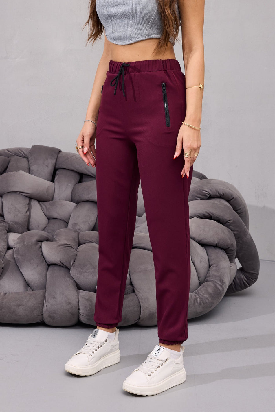 Kadın Yüksek Bel Likralı Rahat Kumaş Jogger Beli Lastikli Pantolon BORDO - MALLTURK