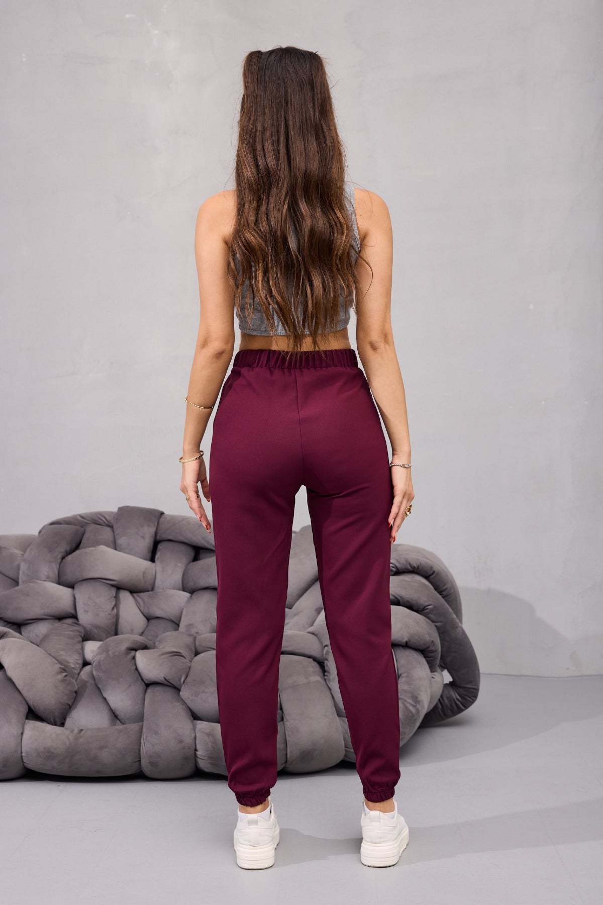 Kadın Yüksek Bel Likralı Rahat Kumaş Jogger Beli Lastikli Pantolon BORDO - MALLTURK