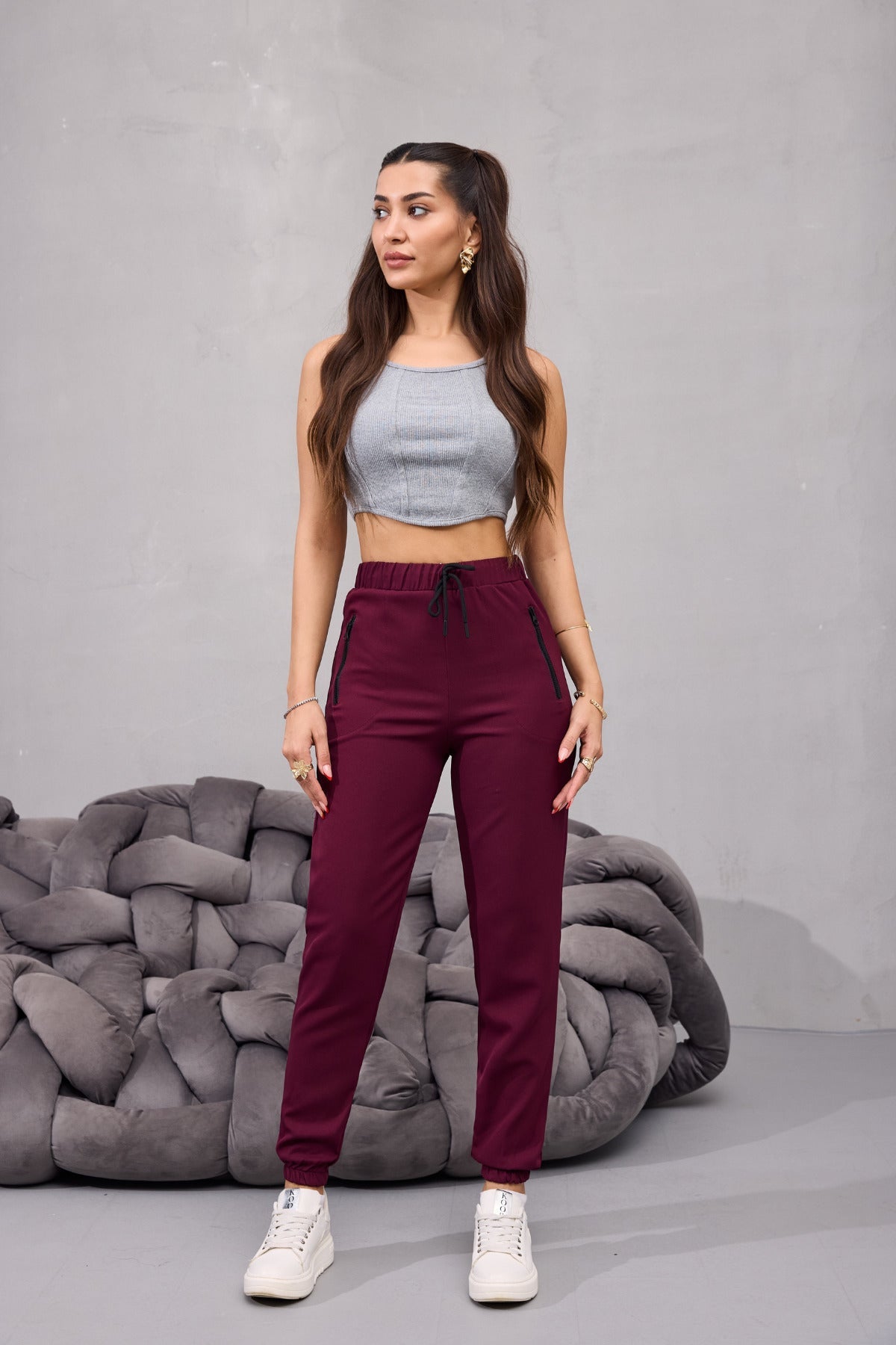 Kadın Yüksek Bel Likralı Rahat Kumaş Jogger Beli Lastikli Pantolon BORDO - MALLTURK