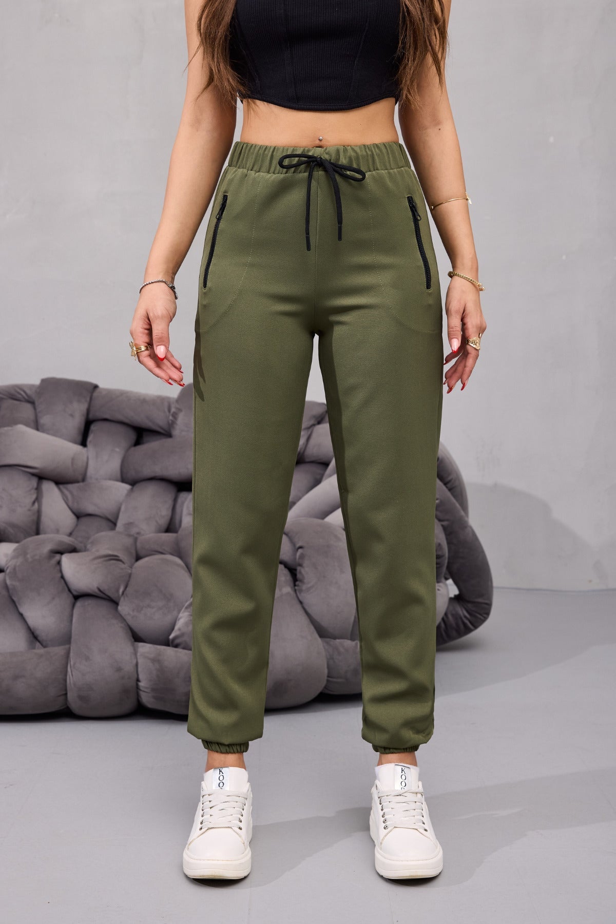 Kadın Yüksek Bel Likralı Rahat Kumaş Jogger Beli Lastikli Pantolon Çok Renkli - MALLTURK