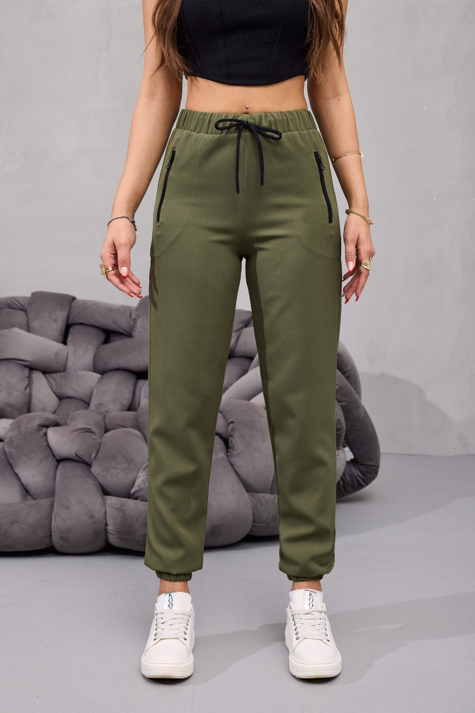 Kadın Yüksek Bel Likralı Rahat Kumaş Jogger Beli Lastikli Pantolon HAKİ - MALLTURK