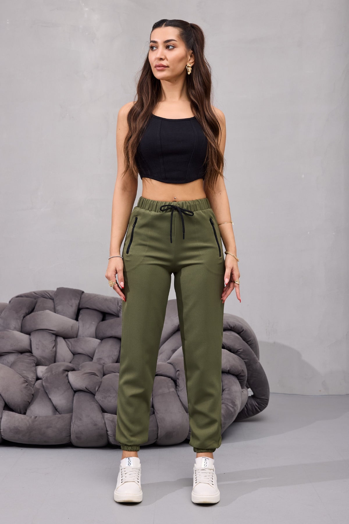Kadın Yüksek Bel Likralı Rahat Kumaş Jogger Beli Lastikli Pantolon HAKİ - MALLTURK