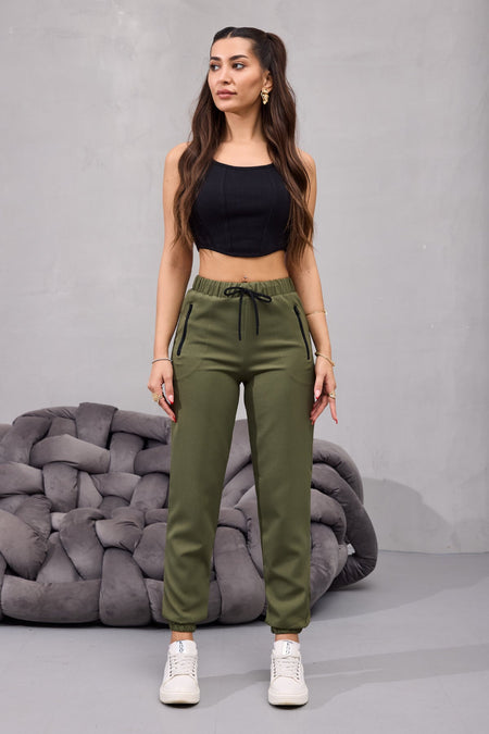 Kadın Yüksek Bel Likralı Rahat Kumaş Jogger Beli Lastikli Pantolon HAKİ - MALLTURK