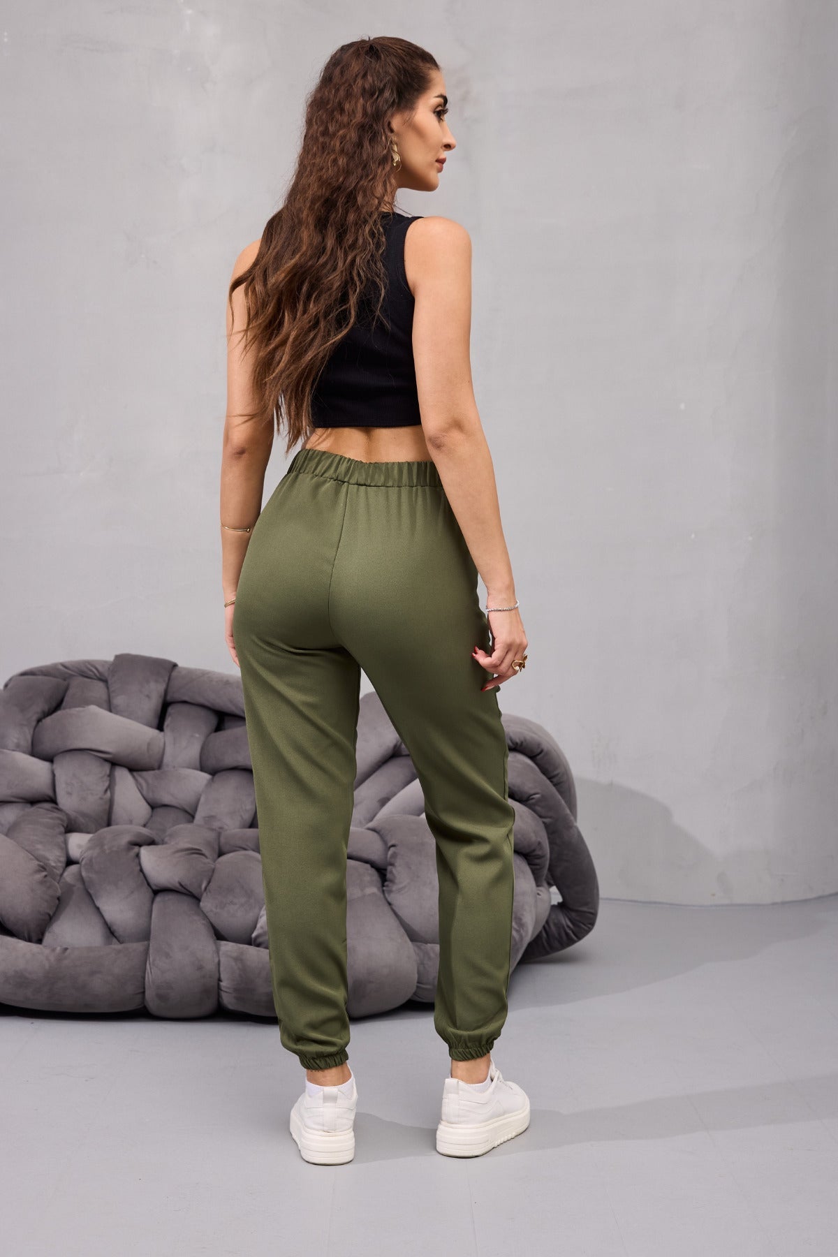 Kadın Yüksek Bel Likralı Rahat Kumaş Jogger Beli Lastikli Pantolon HAKİ - MALLTURK