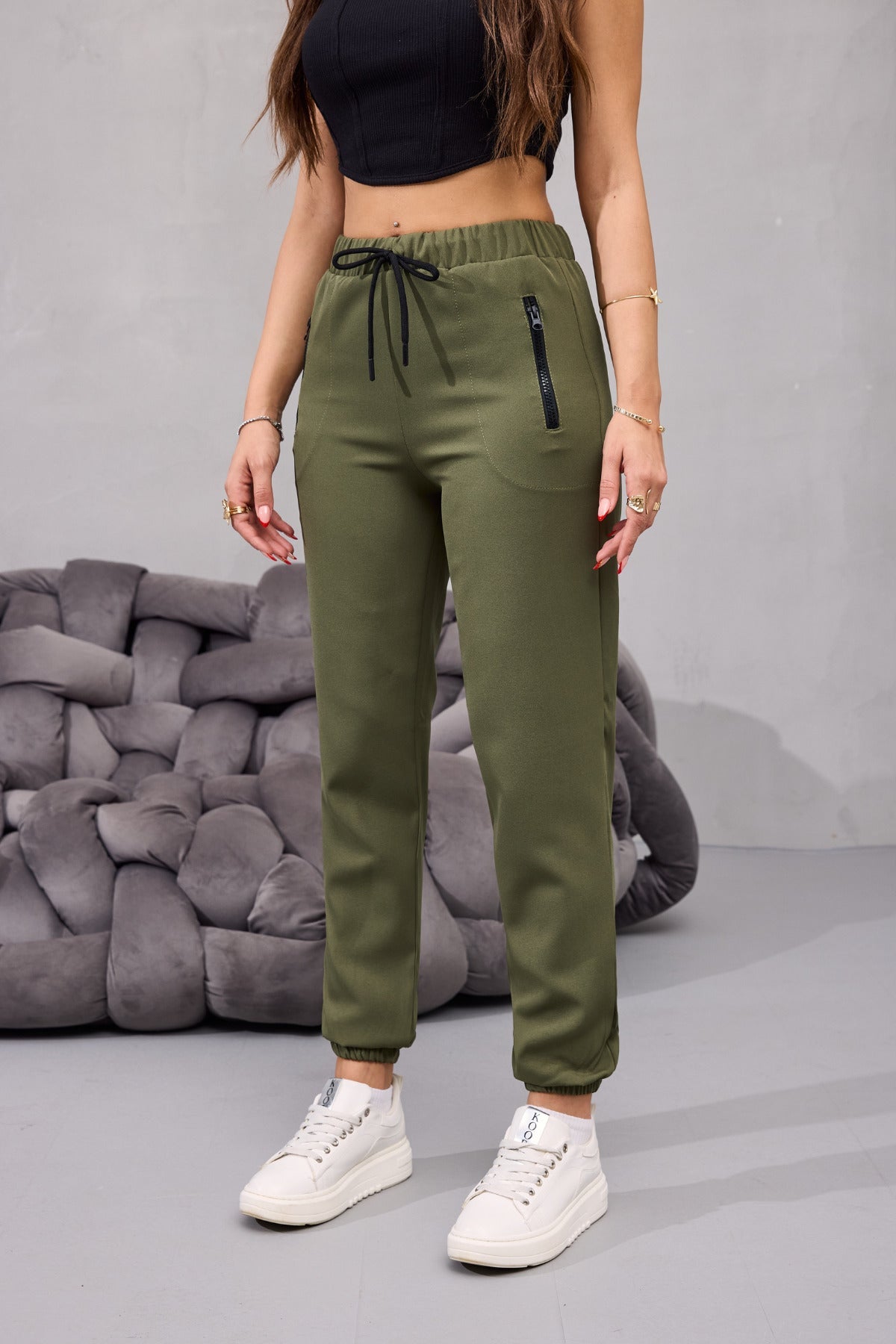 Kadın Yüksek Bel Likralı Rahat Kumaş Jogger Beli Lastikli Pantolon HAKİ - MALLTURK