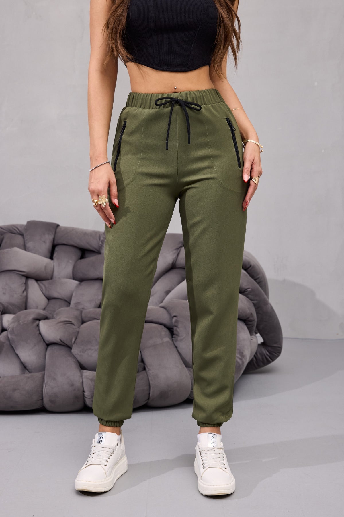 Kadın Yüksek Bel Likralı Rahat Kumaş Jogger Beli Lastikli Pantolon HAKİ - MALLTURK