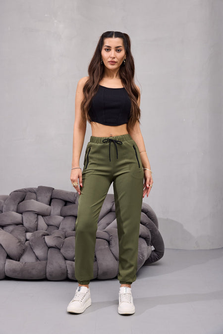 Kadın Yüksek Bel Likralı Rahat Kumaş Jogger Beli Lastikli Pantolon HAKİ - MALLTURK