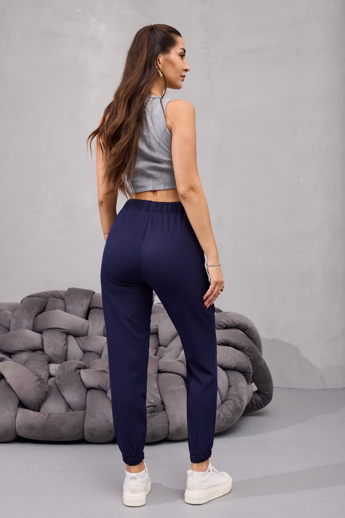 Kadın Yüksek Bel Likralı Rahat Kumaş Jogger Beli Lastikli Pantolon LACİVERT - MALLTURK