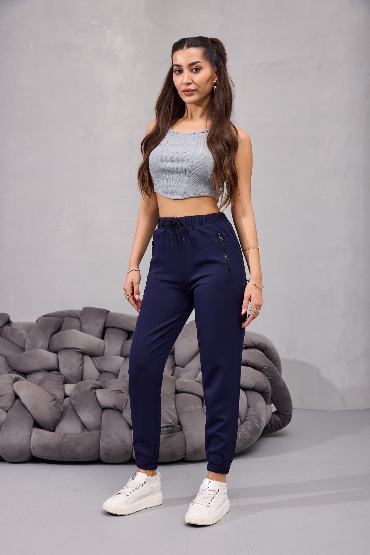 Kadın Yüksek Bel Likralı Rahat Kumaş Jogger Beli Lastikli Pantolon LACİVERT - MALLTURK