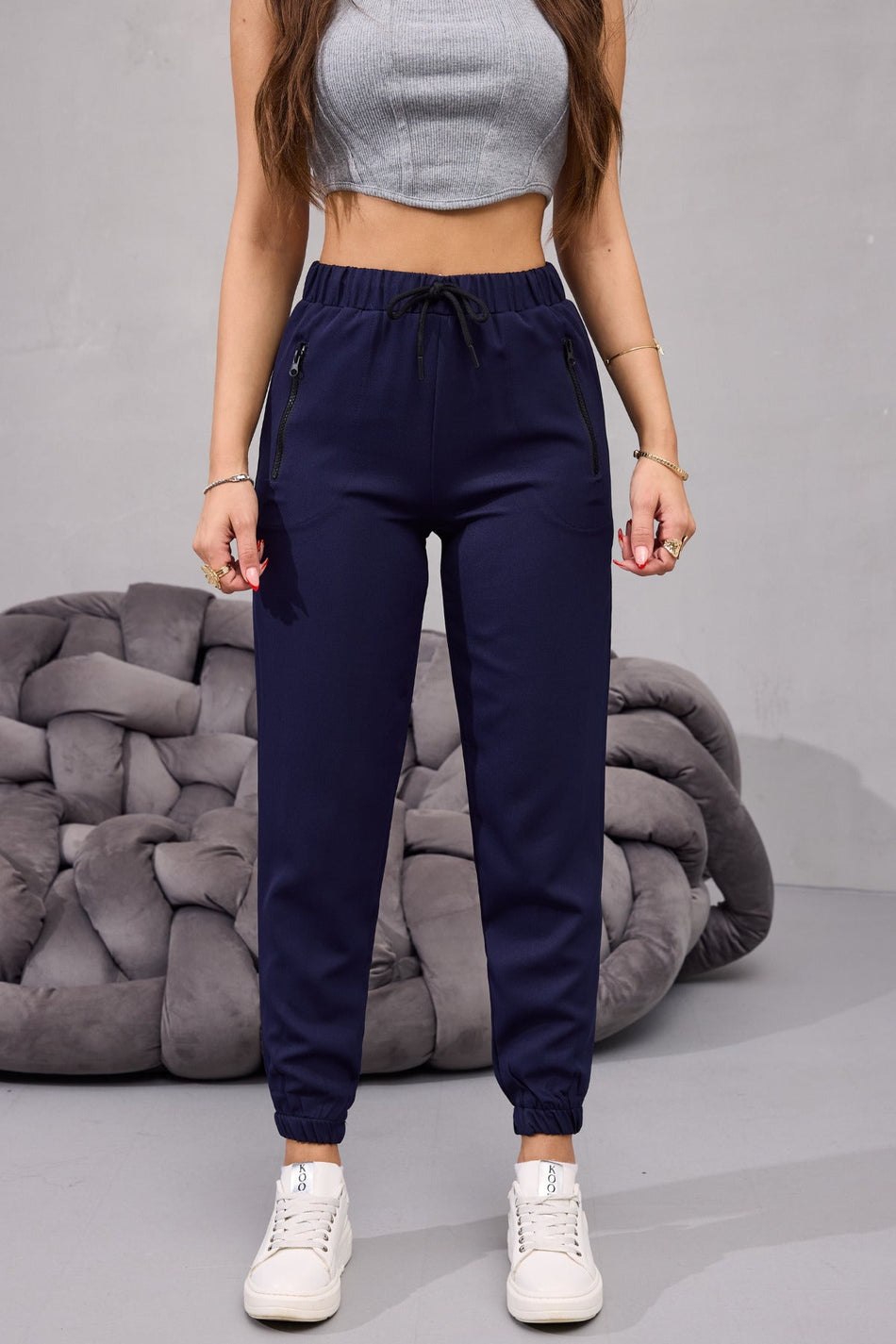 Kadın Yüksek Bel Likralı Rahat Kumaş Jogger Beli Lastikli Pantolon LACİVERT - MALLTURK