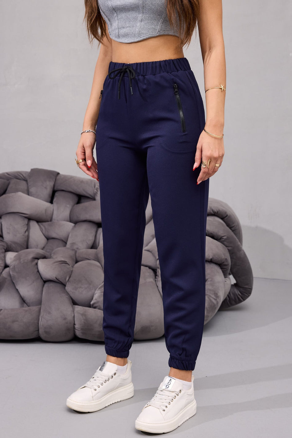 Kadın Yüksek Bel Likralı Rahat Kumaş Jogger Beli Lastikli Pantolon LACİVERT - MALLTURK