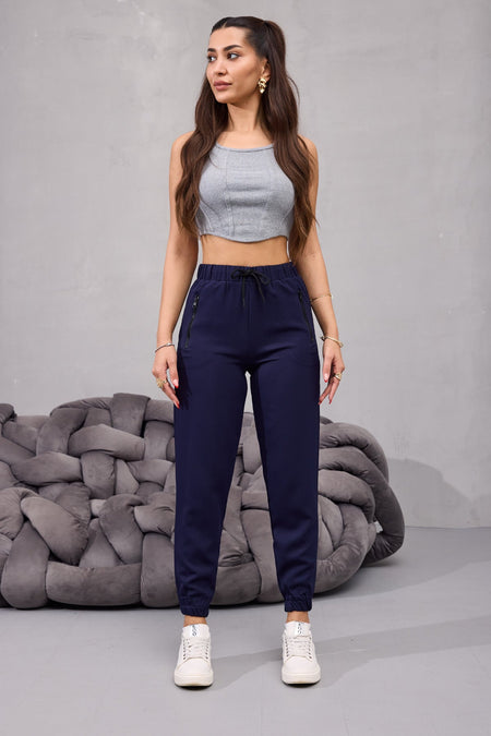 Kadın Yüksek Bel Likralı Rahat Kumaş Jogger Beli Lastikli Pantolon LACİVERT - MALLTURK