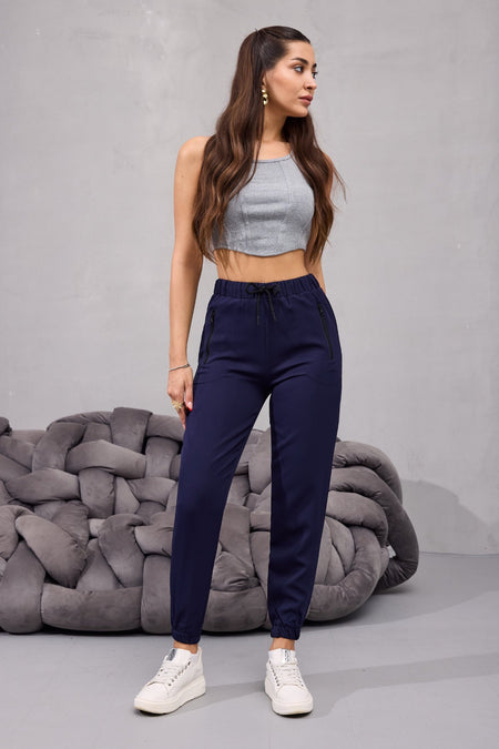 Kadın Yüksek Bel Likralı Rahat Kumaş Jogger Beli Lastikli Pantolon LACİVERT - MALLTURK