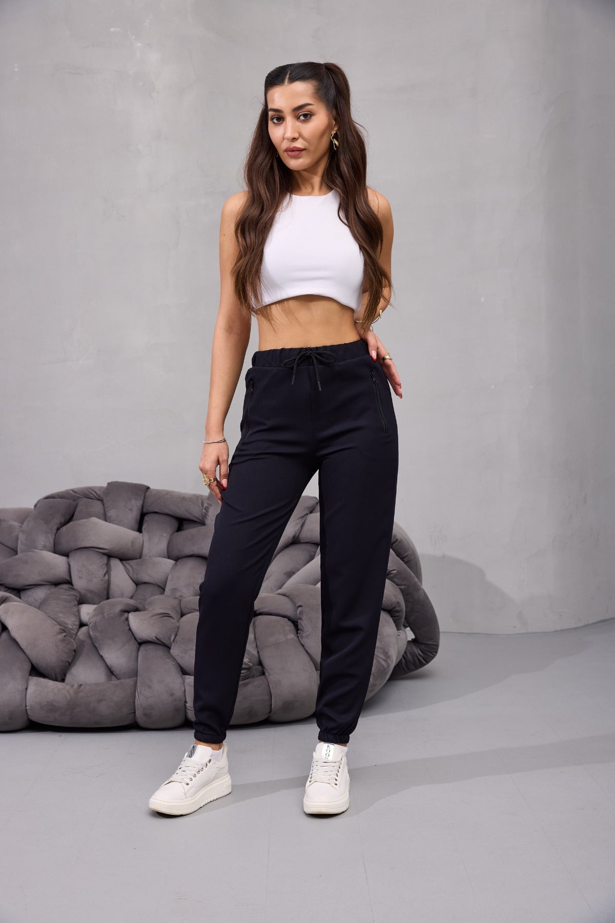Kadın Yüksek Bel Likralı Rahat Kumaş Jogger Beli Lastikli Pantolon SİYAH - MALLTURK