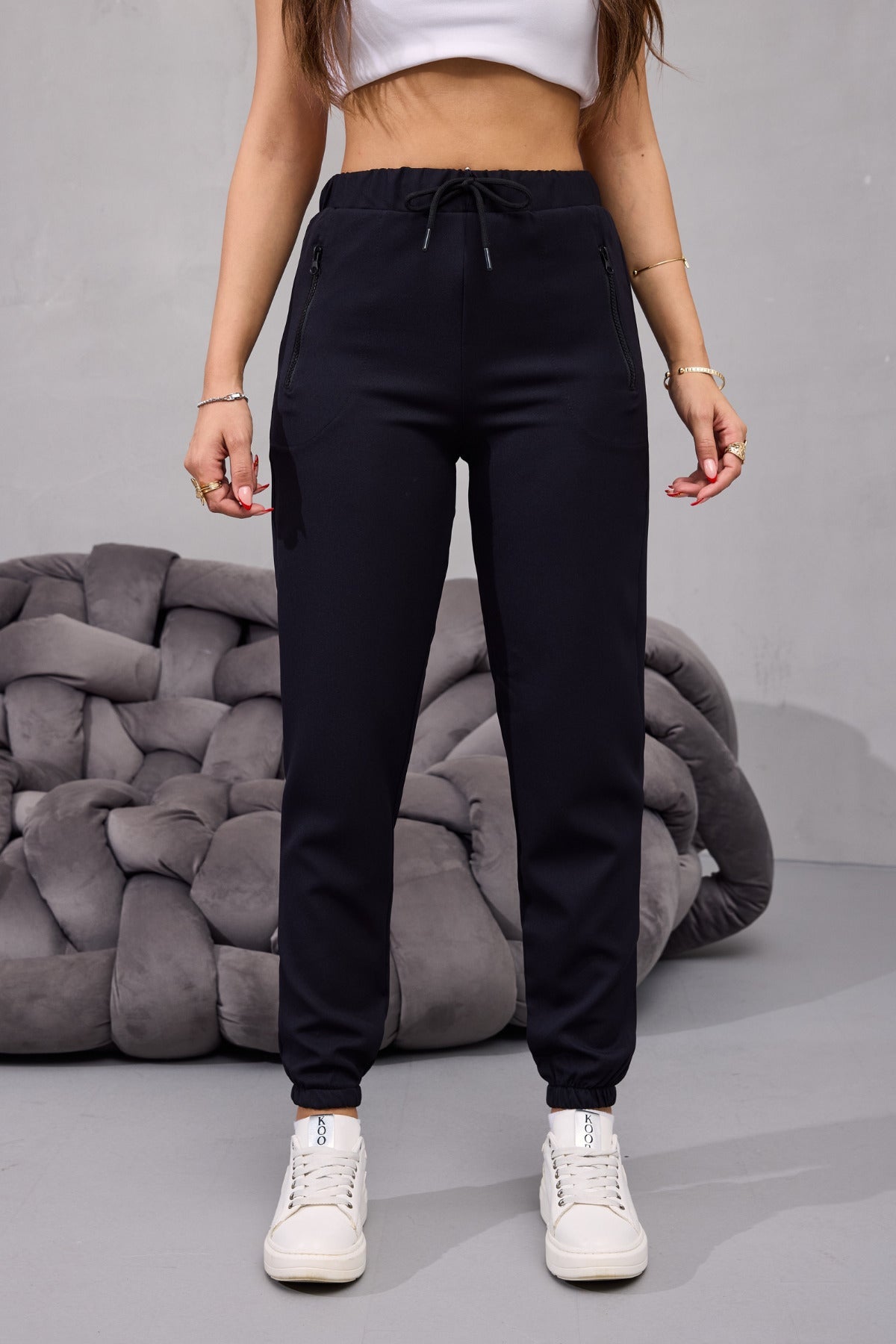 Kadın Yüksek Bel Likralı Rahat Kumaş Jogger Beli Lastikli Pantolon SİYAH - MALLTURK