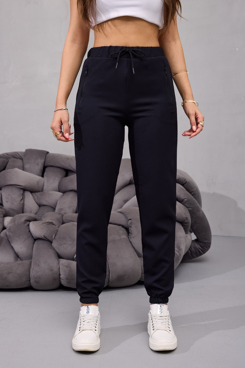 Kadın Yüksek Bel Likralı Rahat Kumaş Jogger Beli Lastikli Pantolon SİYAH - MALLTURK