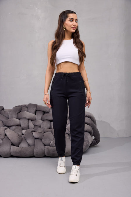 Kadın Yüksek Bel Likralı Rahat Kumaş Jogger Beli Lastikli Pantolon SİYAH - MALLTURK