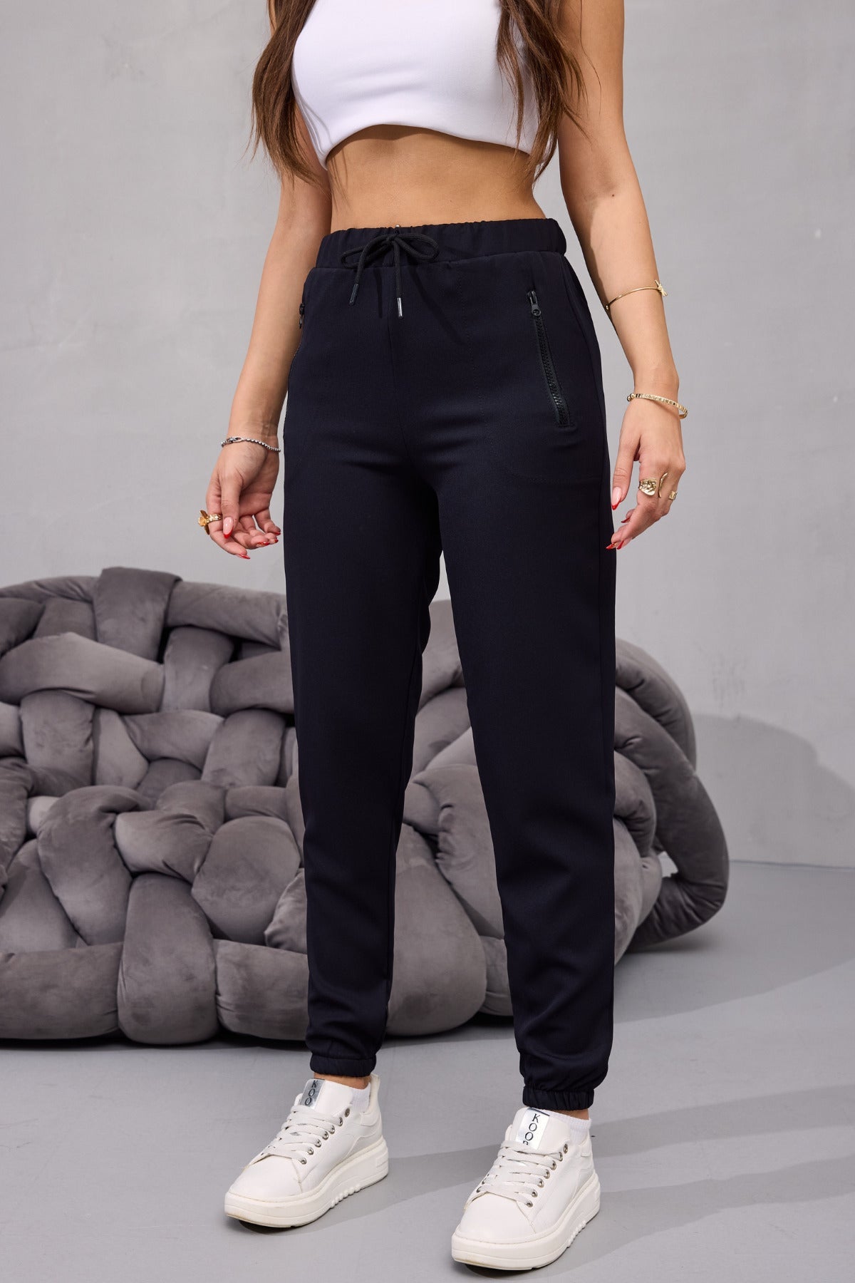 Kadın Yüksek Bel Likralı Rahat Kumaş Jogger Beli Lastikli Pantolon SİYAH - MALLTURK