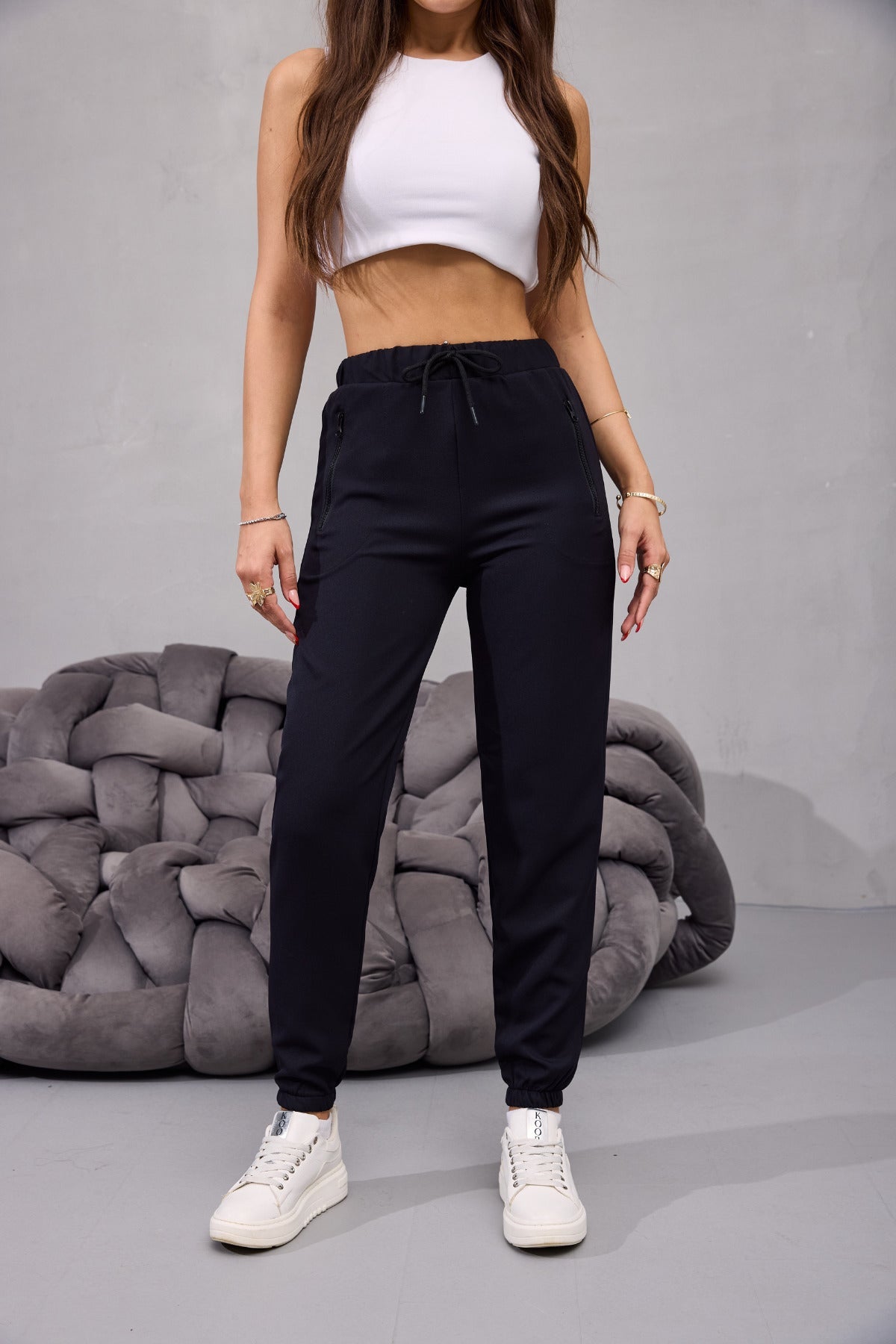 Kadın Yüksek Bel Likralı Rahat Kumaş Jogger Beli Lastikli Pantolon SİYAH - MALLTURK